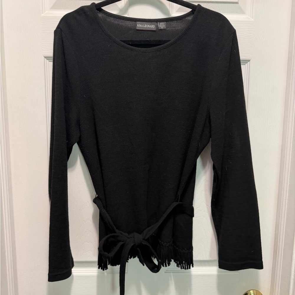 2-piece outfit - Nina Leonard Black Belted Blouse and skirt with fringe